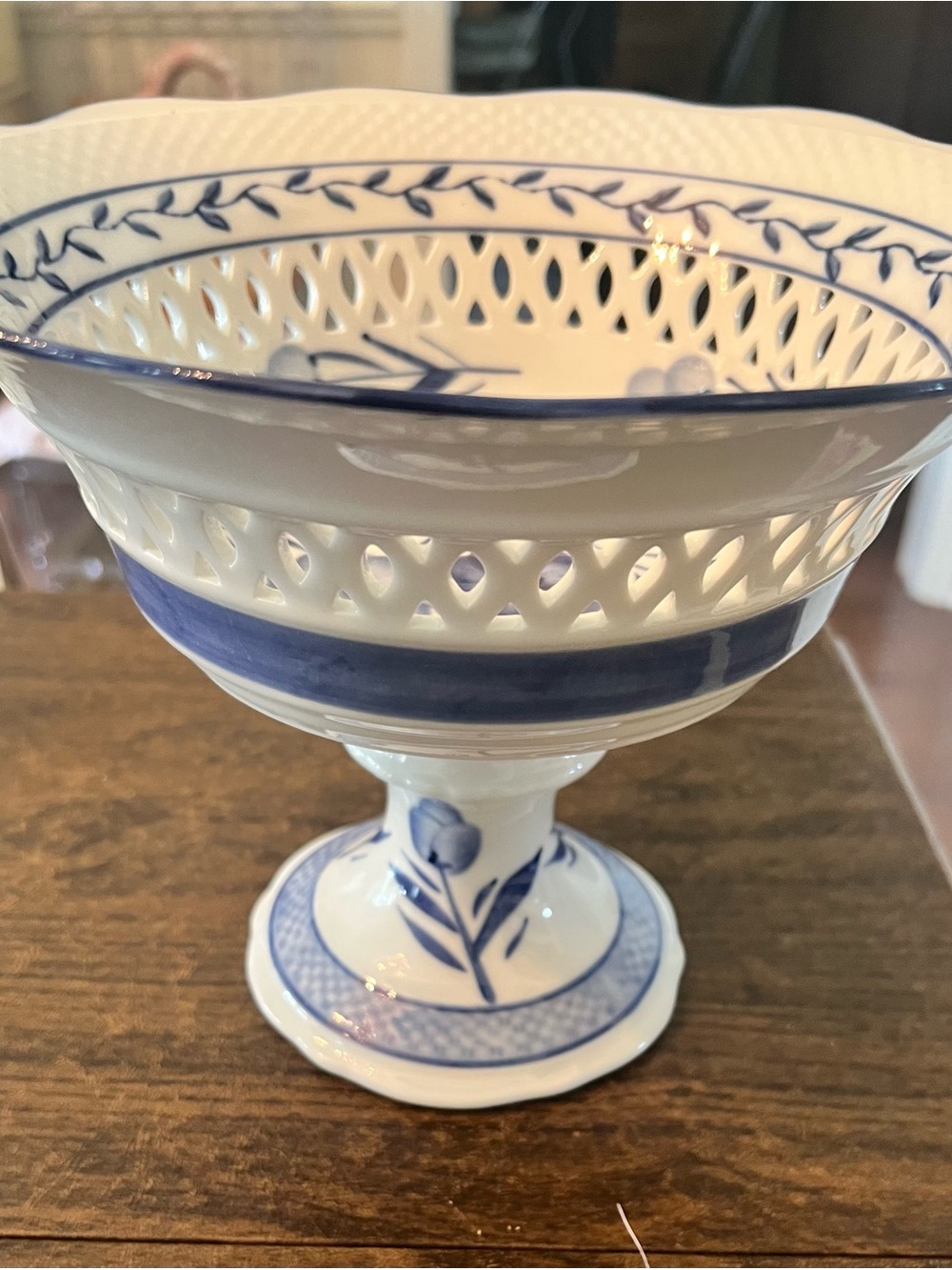 Blue & White Porcelain Pierced Pedestal Compote Bowl